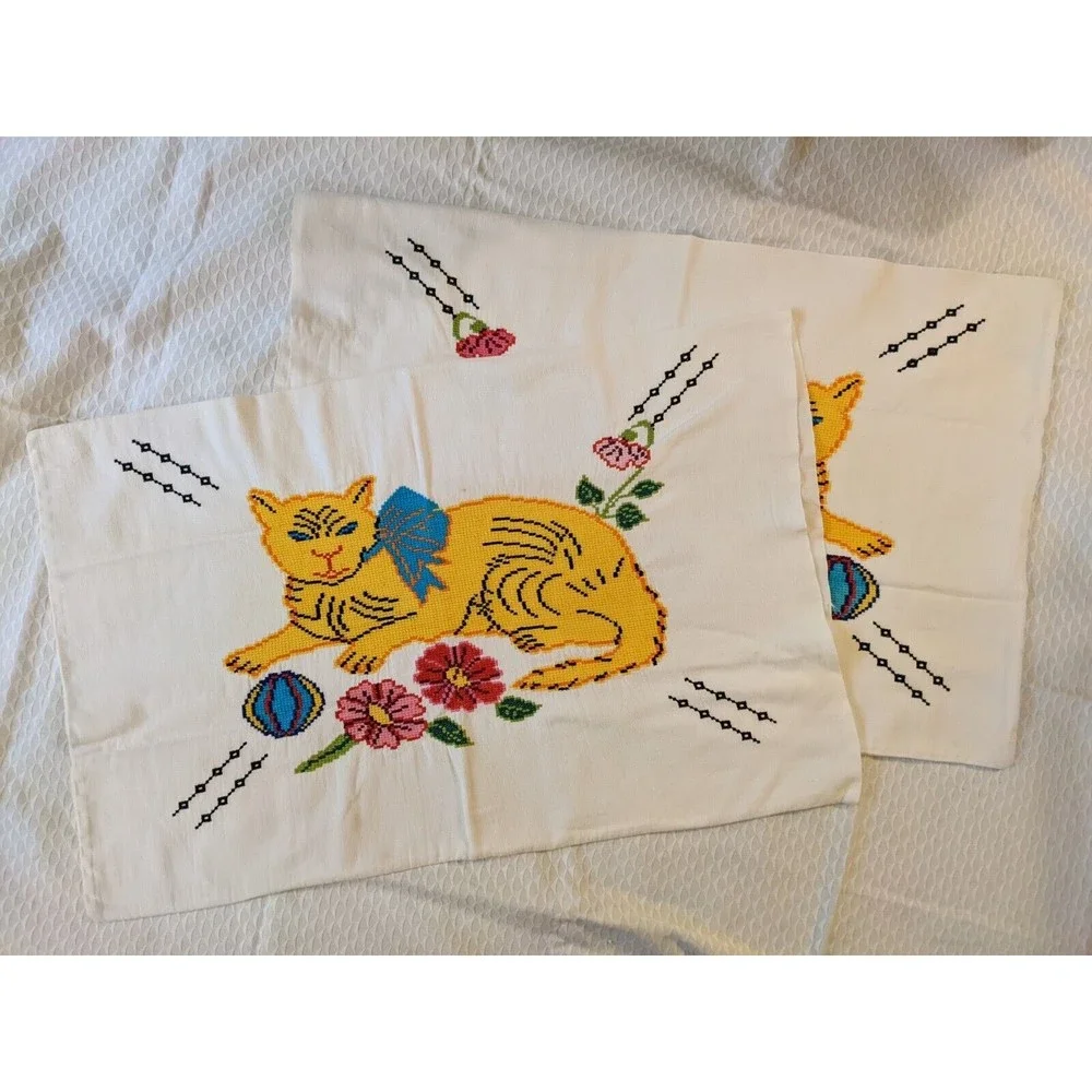 Vintage Mid-Century Needlepoint Cat & Flowers Pillowcases Handmade Pair Folk Art